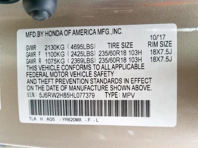 5J6RW2H85HL077379 - 2017 HONDA CR-V EXL  photo 10