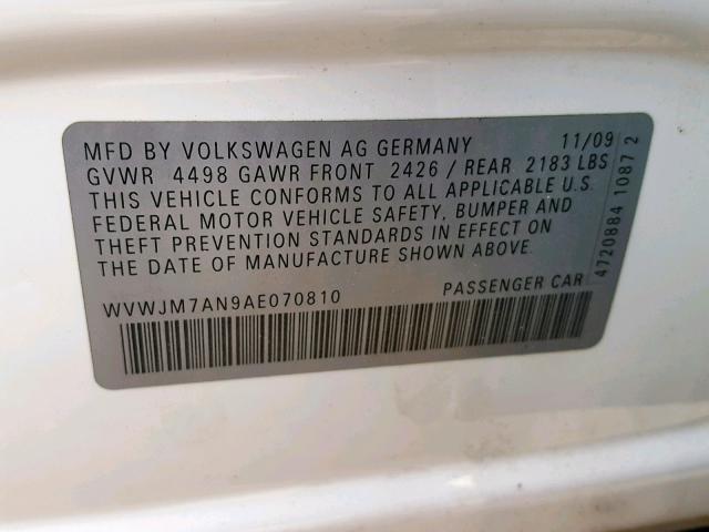 WVWJM7AN9AE070810 - 2010 VOLKSWAGEN PASSAT KOM WHITE photo 10