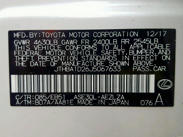 JTHBA1D26J5067633 - 2018 LEXUS IS 300 WHITE photo 10