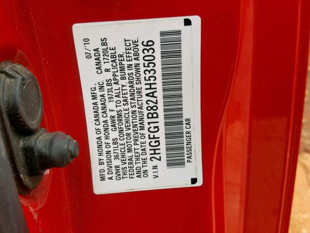 2HGFG1B82AH535036 - 2010 HONDA CIVIC EX RED photo 10