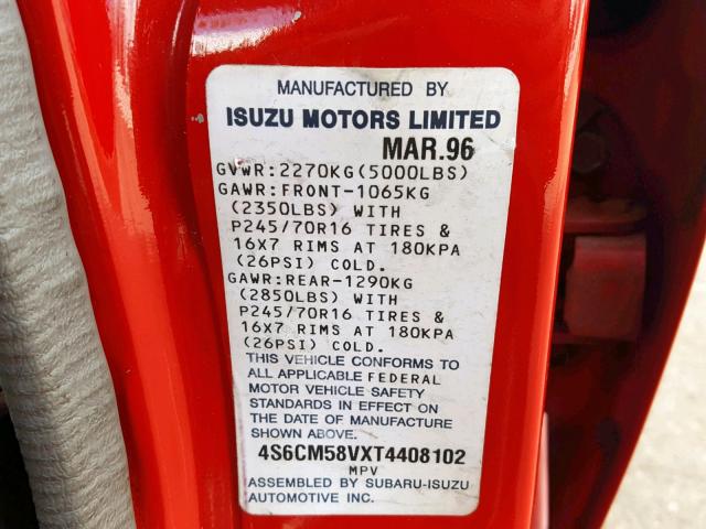 4S6CM58VXT4408102 - 1996 HONDA PASSPORT E 红色 照片 10