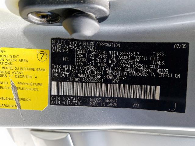 JTEDW21A360005281 - 2006 TOYOTA HIGHLANDER HYBRID  photo 10