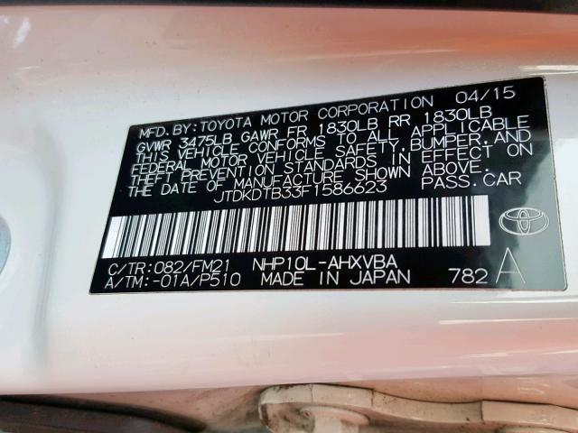 JTDKDTB33F1586623 - 2015 TOYOTA PRIUS C WHITE photo 10