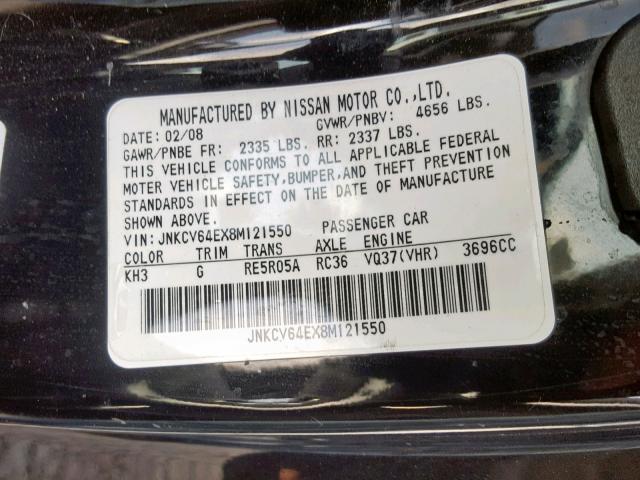 JNKCV64EX8M121550 - 2008 INFINITI G37 BASE BLACK photo 10