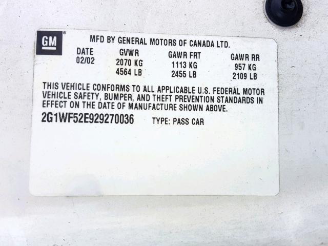 2G1WF52E929270036 - 2002 CHEVROLET IMPALA WHITE photo 10