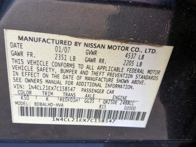 1N4CL21EX7C158547 - 2007 NISSAN ALTIMA HYB GRAY photo 10