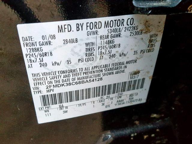 2FMDK38C68BA54128 - 2008 FORD EDGE SEL BLACK photo 10