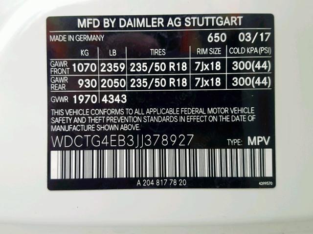 WDCTG4EB3JJ378927 - 2018 MERCEDES-BENZ GLA 250 WHITE photo 10