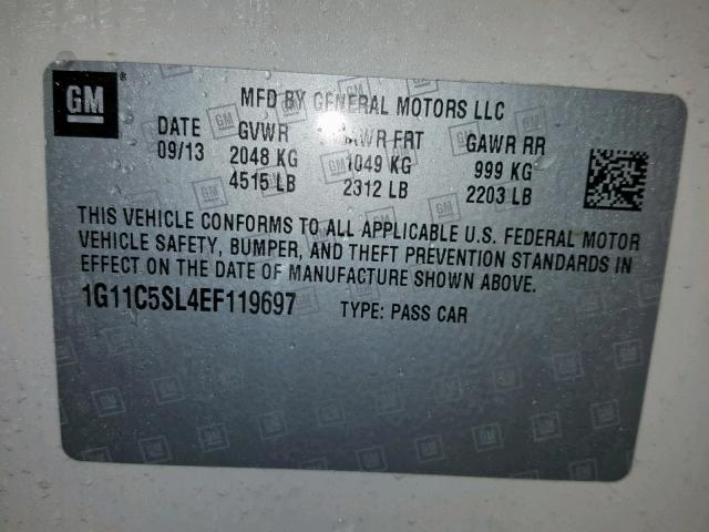 1G11C5SL4EF119697 - 2014 CHEVROLET MALIBU 1LT WHITE photo 10