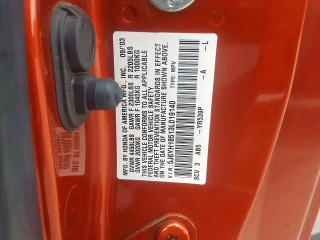 5J6YH18513L019140 - 2003 HONDA ELEMENT EX ORANGE photo 10