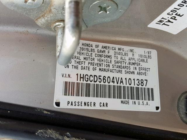 1HGCD5604VA101387 - 1997 HONDA ACCORD SE TAN photo 10