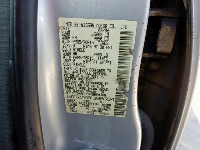 1N6ED27Y62C389694 - 2002 NISSAN FRONTIER C SILVER photo 10