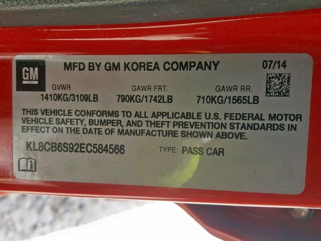 KL8CB6S92EC584566 - 2014 CHEVROLET SPARK LS RED photo 10