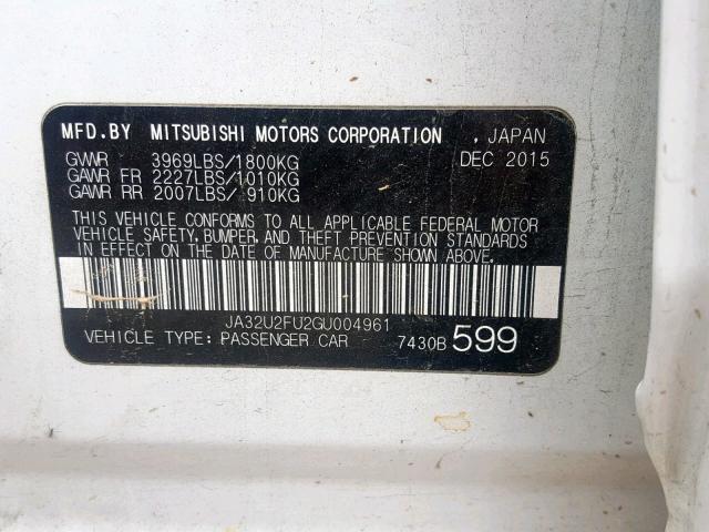 JA32U2FU2GU004961 - 2016 MITSUBISHI LANCER ES WHITE photo 10