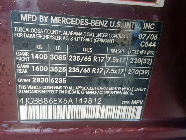 4JGBB86EX6A149812 - 2006 MERCEDES-BENZ ML 350 BURGUNDY photo 10