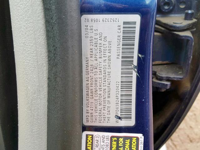 WVWPD63B24P320422 - 2004 VOLKSWAGEN PASSAT GLS BLUE photo 10