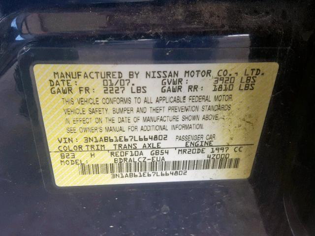 3N1AB61E67L664802 - 2007 NISSAN SENTRA 2.0 BLUE photo 10