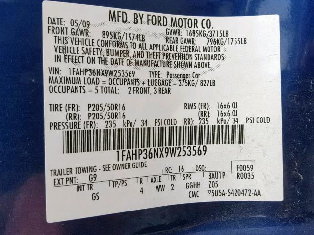 1FAHP36NX9W253569 - 2009 FORD FOCUS SES BLUE photo 10