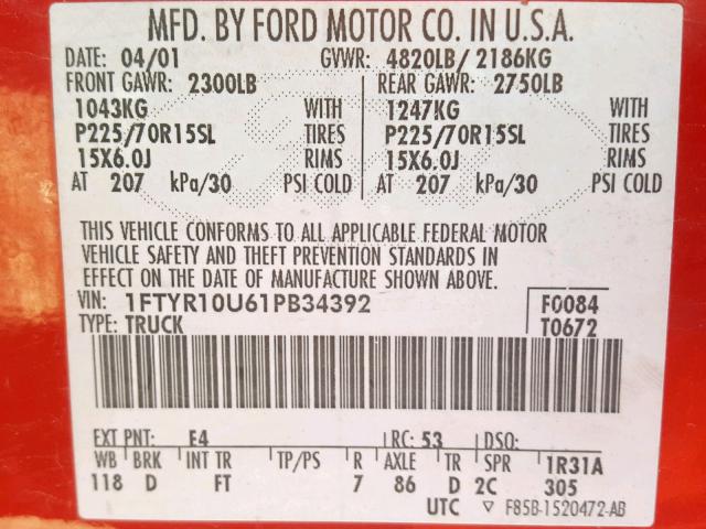 1FTYR10U61PB34392 - 2001 FORD RANGER RED photo 10