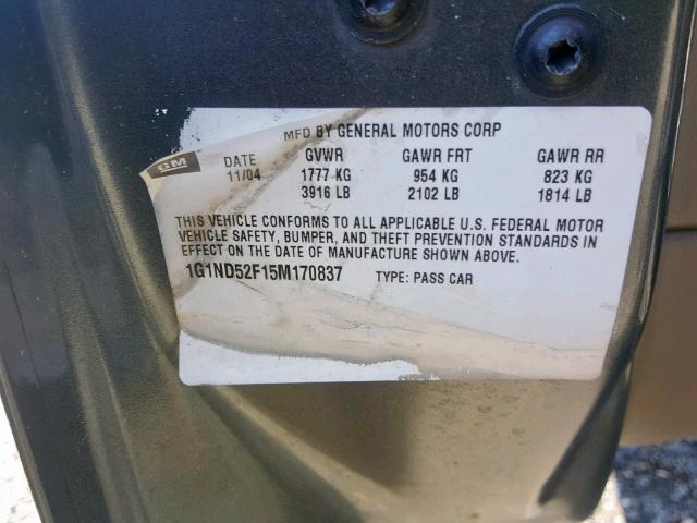 1G1ND52F15M170837 - 2005 CHEVROLET CLASSIC GRAY photo 10