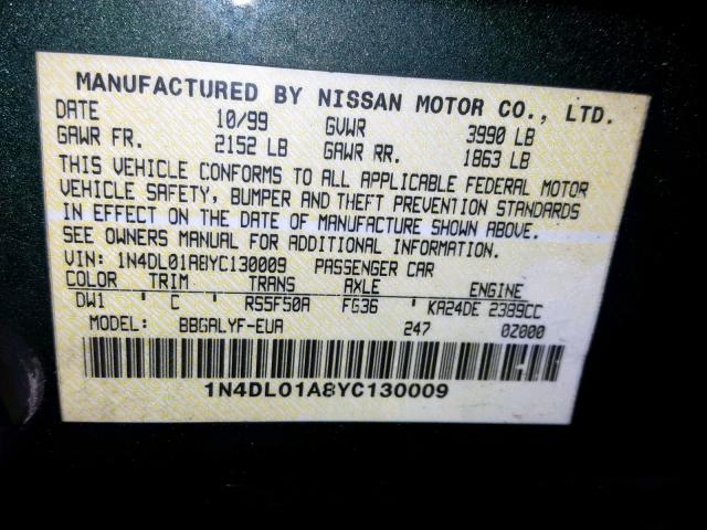 1N4DL01A8YC130009 - 2000 NISSAN ALTIMA XE GREEN photo 10