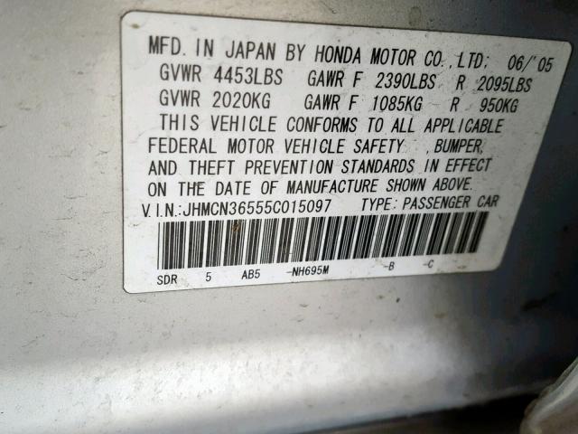 JHMCN36555C015097 - 2005 HONDA ACCORD HYB SILVER photo 10