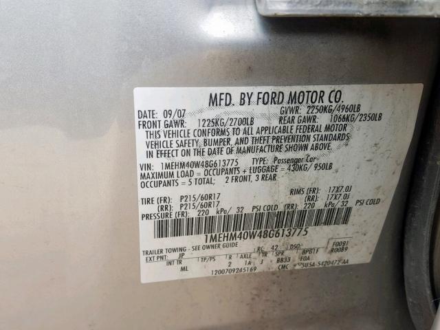 1MEHM40W48G613775 - 2008 MERCURY SABLE LUXU TAN photo 10