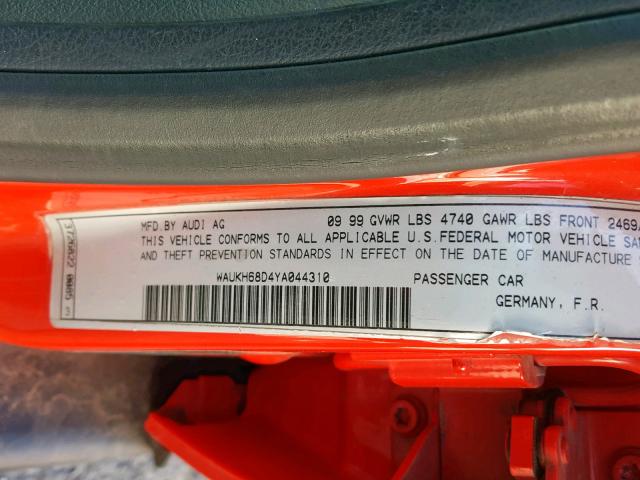 WAUKH68D4YA044310 - 2000 AUDI A4 2.8 AVA RED photo 10