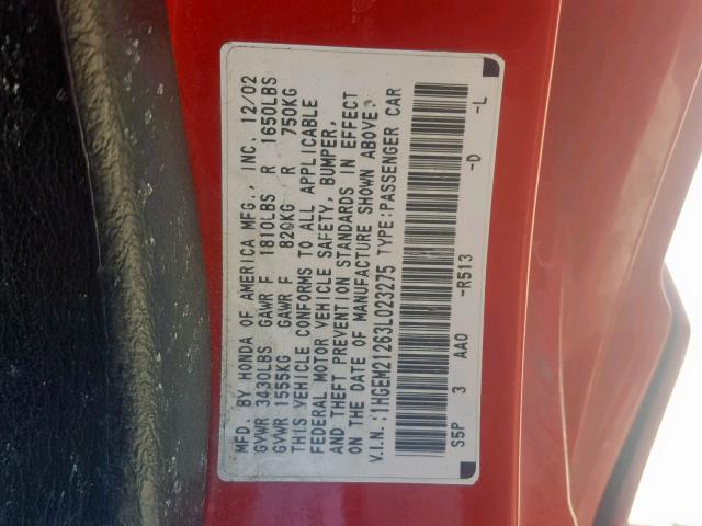 1HGEM21263L023275 - 2003 HONDA CIVIC DX RED photo 10