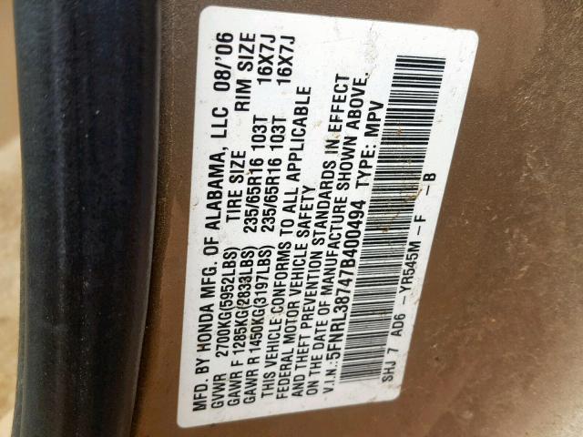 5FNRL38747B400494 - 2007 HONDA ODYSSEY EX GOLD photo 10