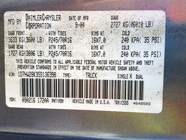 1D7HW28K35S136398 - 2005 DODGE DAKOTA QUA GRAY photo 10