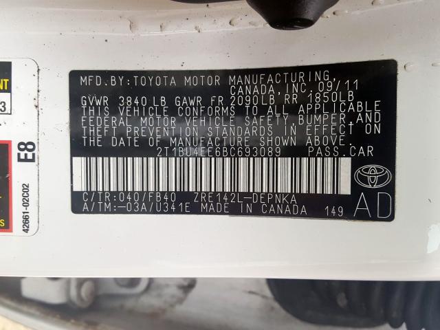 2T1BU4EE6BC693089 - 2011 TOYOTA COROLLA BASE  photo 10