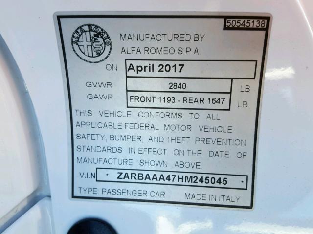 ZARBAAA47HM245045 - 2017 ALFA ROMEO 4C WHITE photo 10