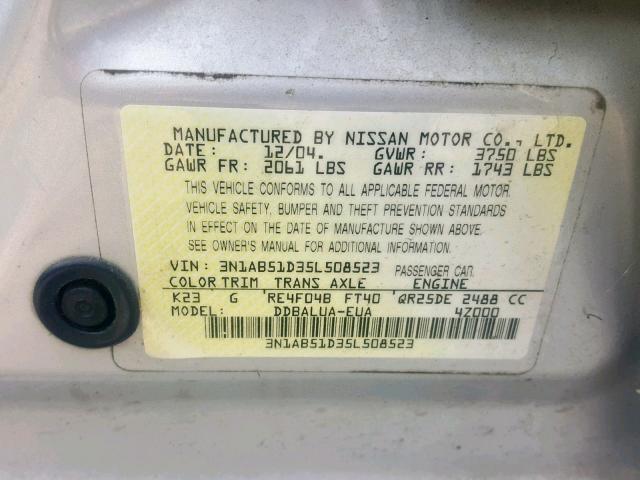 3N1AB51D35L508523 - 2005 NISSAN SENTRA SE- SILVER photo 10