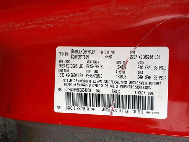 1D7HW48N06S654959 - 2006 DODGE DAKOTA QUA RED photo 10