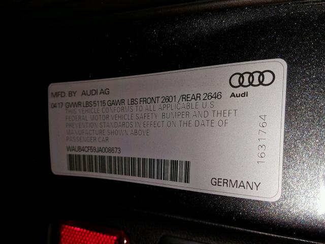 WAUB4CF59JA008673 - 2018 AUDI S5 PREMIUM GRAY photo 10