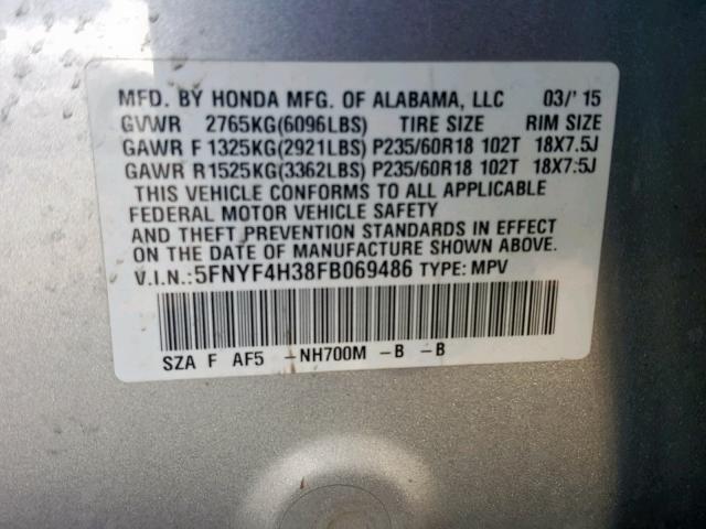 5FNYF4H38FB069486 - 2015 HONDA PILOT SE SILVER photo 10