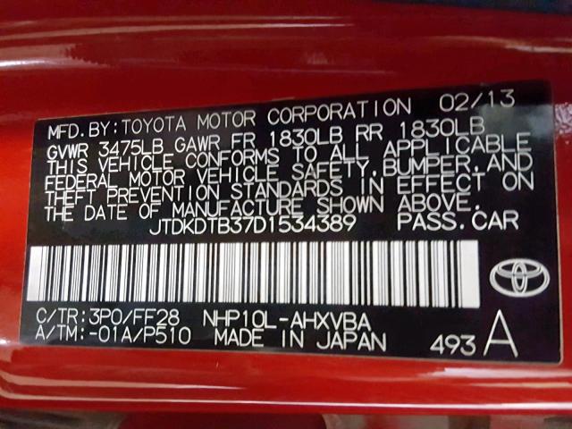 JTDKDTB37D1534389 - 2013 TOYOTA PRIUS C RED photo 10