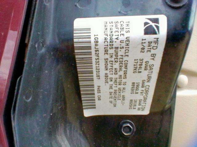 1G8AJ52F53Z123187 - 2003 SATURN ION LEVEL MAROON photo 10