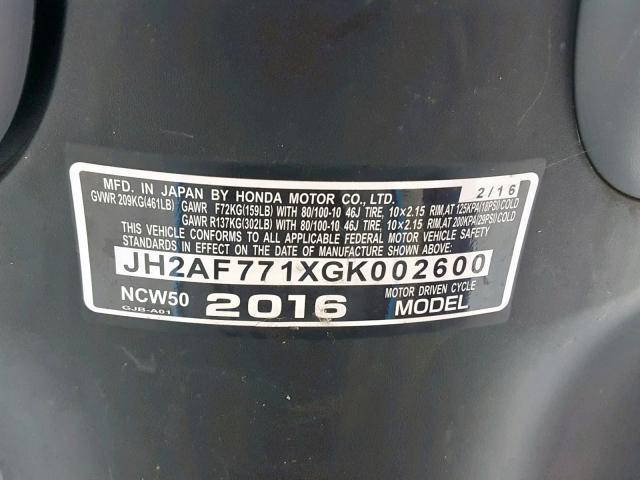 JH2AF771XGK002600 - 2016 HONDA NCW50 BLUE photo 10