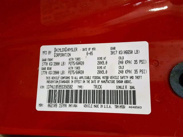 1D7HU18D95S356582 - 2005 DODGE RAM 1500 S RED photo 10