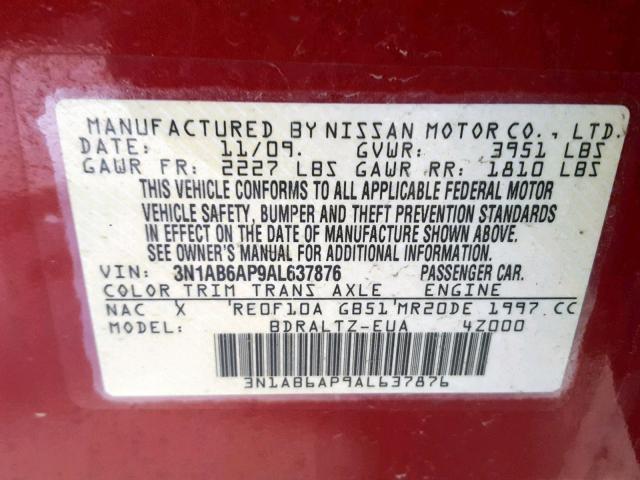 3N1AB6AP9AL637876 - 2010 NISSAN SENTRA 2.0 RED photo 10