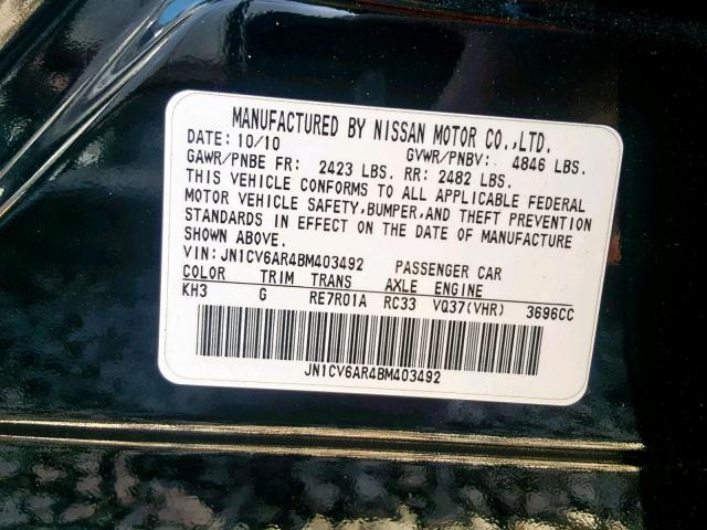 JN1CV6AR4BM403492 - 2011 INFINITI G37 BLACK photo 10