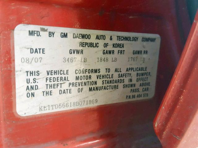 KL1TD56618B071869 - 2008 CHEVROLET AVEO BASE Qırmızı foto 10