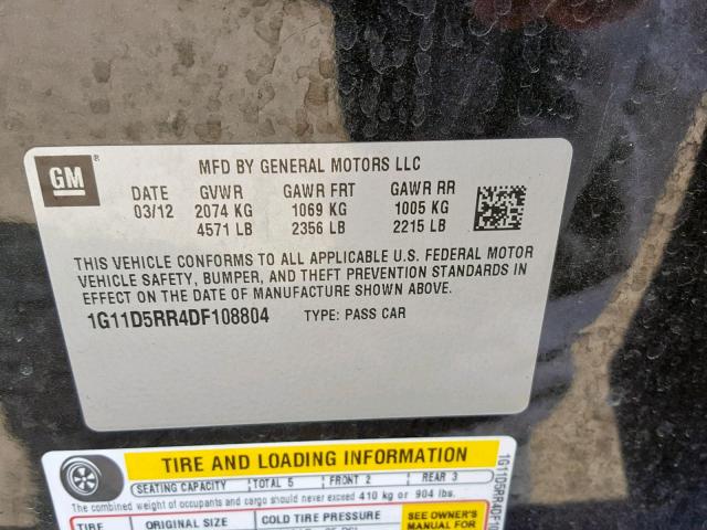 1G11D5RR4DF108804 - 2013 CHEVROLET MALIBU 1LT 黑色 照片 10