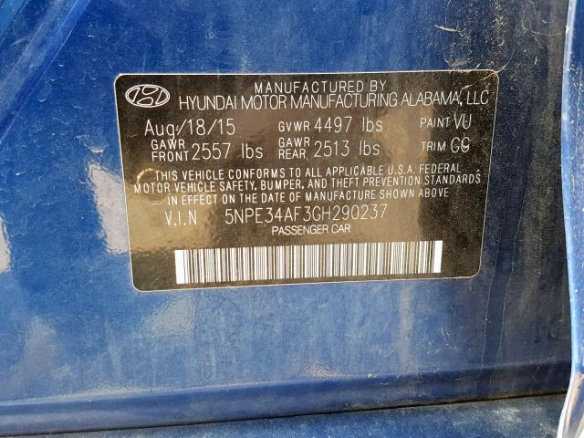 5NPE34AF3GH290237 - 2016 HYUNDAI SONATA SPO BLUE photo 10