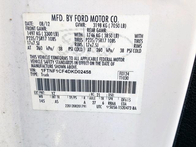 1FTNF1CF4DKD02458 - 2013 FORD F150 WHITE photo 10