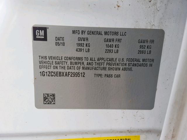 1G1ZC5EBXAF299512 - 2010 CHEVROLET MALIBU 1LT WHITE photo 10