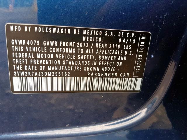 3VW2K7AJ3DM295162 - 2013 VOLKSWAGEN JETTA BASE  լուսանկար 10
