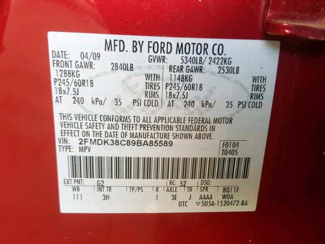 2FMDK38C89BA85589 - 2009 FORD EDGE SEL BURGUNDY photo 10